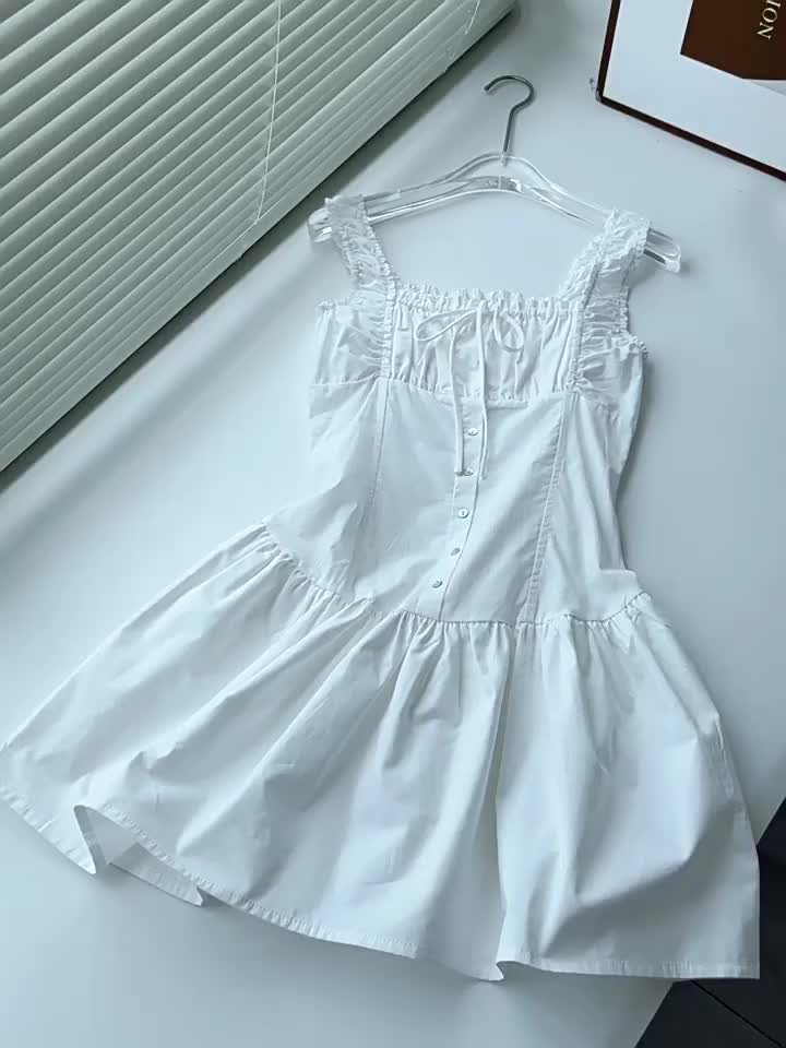 Summer Dress Mini Dresses White Straps Neck Sash Cotton Beach Short Dress