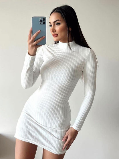 Classic Mini Dress Mock Neck Long Sleeves Ribbed Fall Winter Dresses