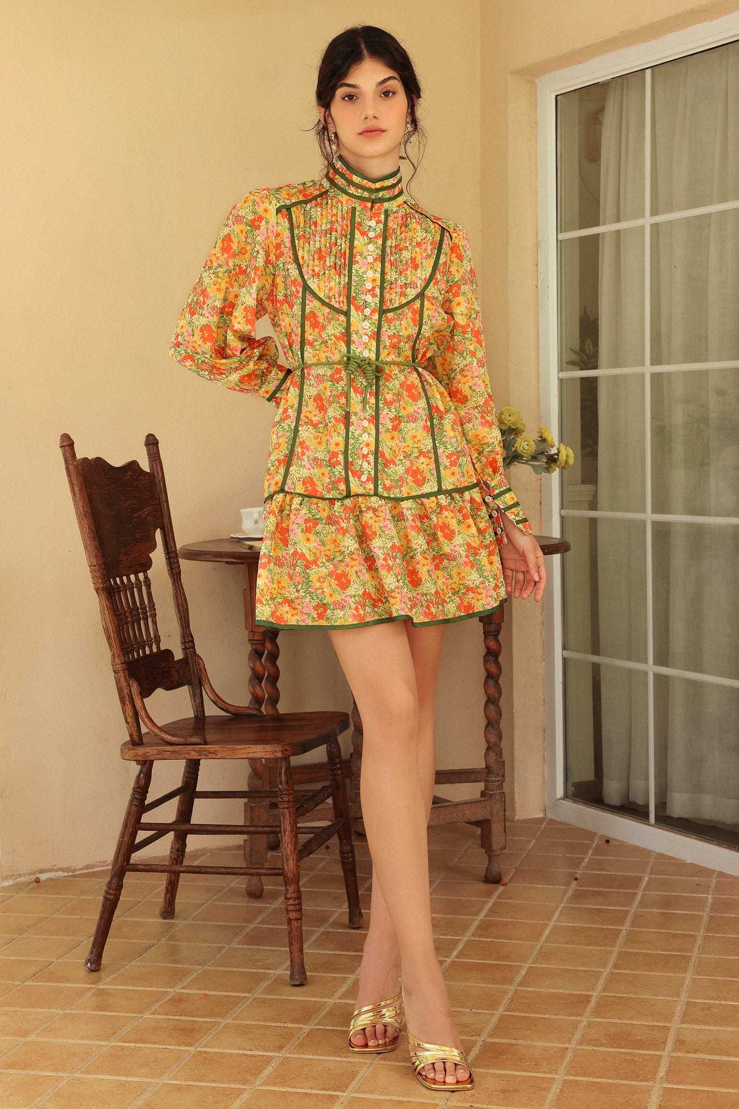 Floral Puff Long Sleeve High Collar Lace Up Ruffle Mini Dress