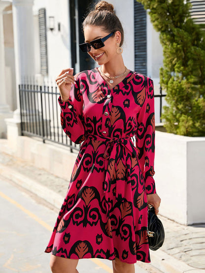 Leopard Print Lace Up Casual V-Neck Long Sleeves Midi Dress