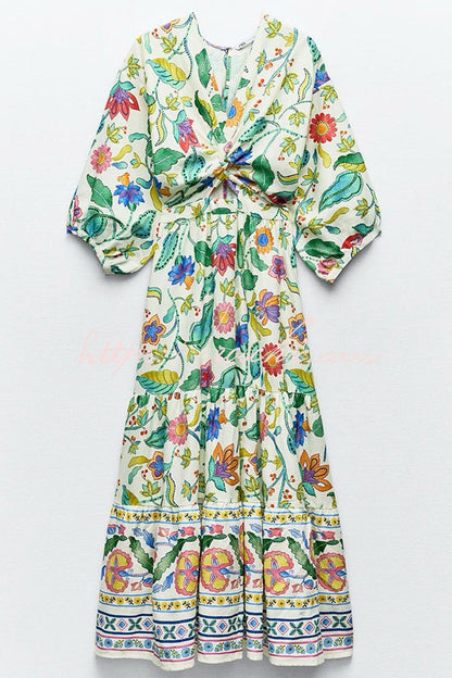 Botanical Floral Print V-neck Cutout Lace-up Elastic Waist Maxi Dress