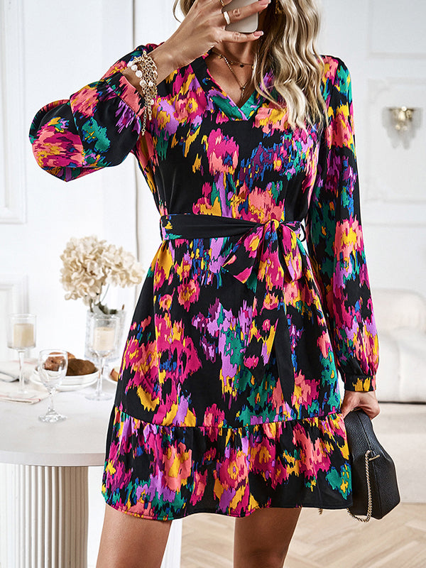 Long Sleeves Loose Printed Split-Joint Tied Waist V-Neck Mini Dresses