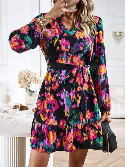 Long Sleeves Loose Printed Split-Joint Tied Waist V-Neck Mini Dresses