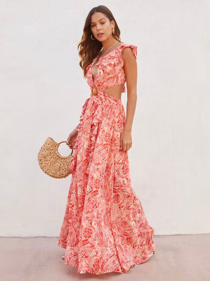 Floral Maxi Dresses Layered Ruffles V-Neck Sleeveless Backless Front Slit Sexy Summer Long Dresses