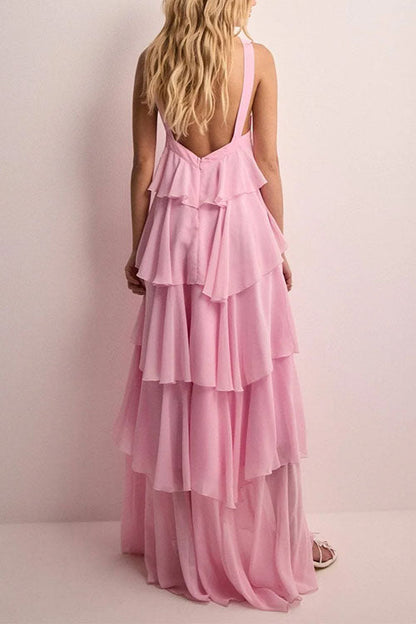 Sleeveless Open Back Ruffle Layered Maxi Dress