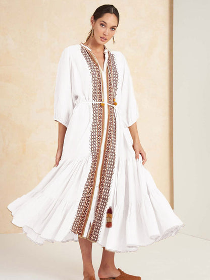 Boho Dress V-Neck 3/4 Length Sleeves Light Apricot Embroidered Bohemian Gypsy Beach Vacation Spring Summer Midi Dress For Women