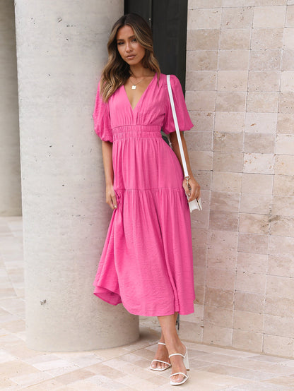 KIMONA SMOCKED SHORT SLEEVE MAXI DRESS - ORCHID