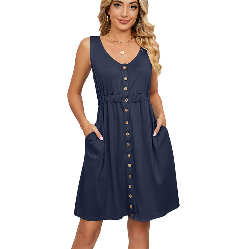 Solid Color Sleeveless Mini Dress with Button Details
