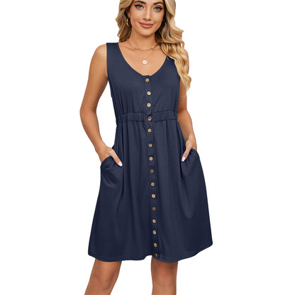 Solid Color Sleeveless Mini Dress with Button Details
