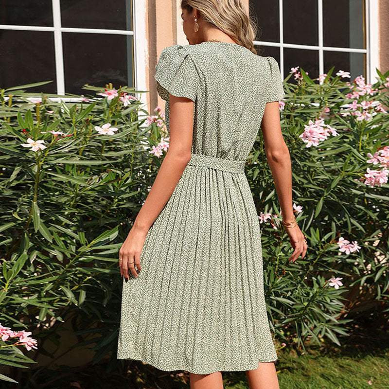 Summer V-Neck Midi Dress with Pleated Design in 3 Colors