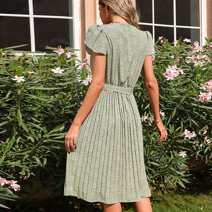 Summer V-Neck Midi Dress with Pleated Design in 3 Colors
