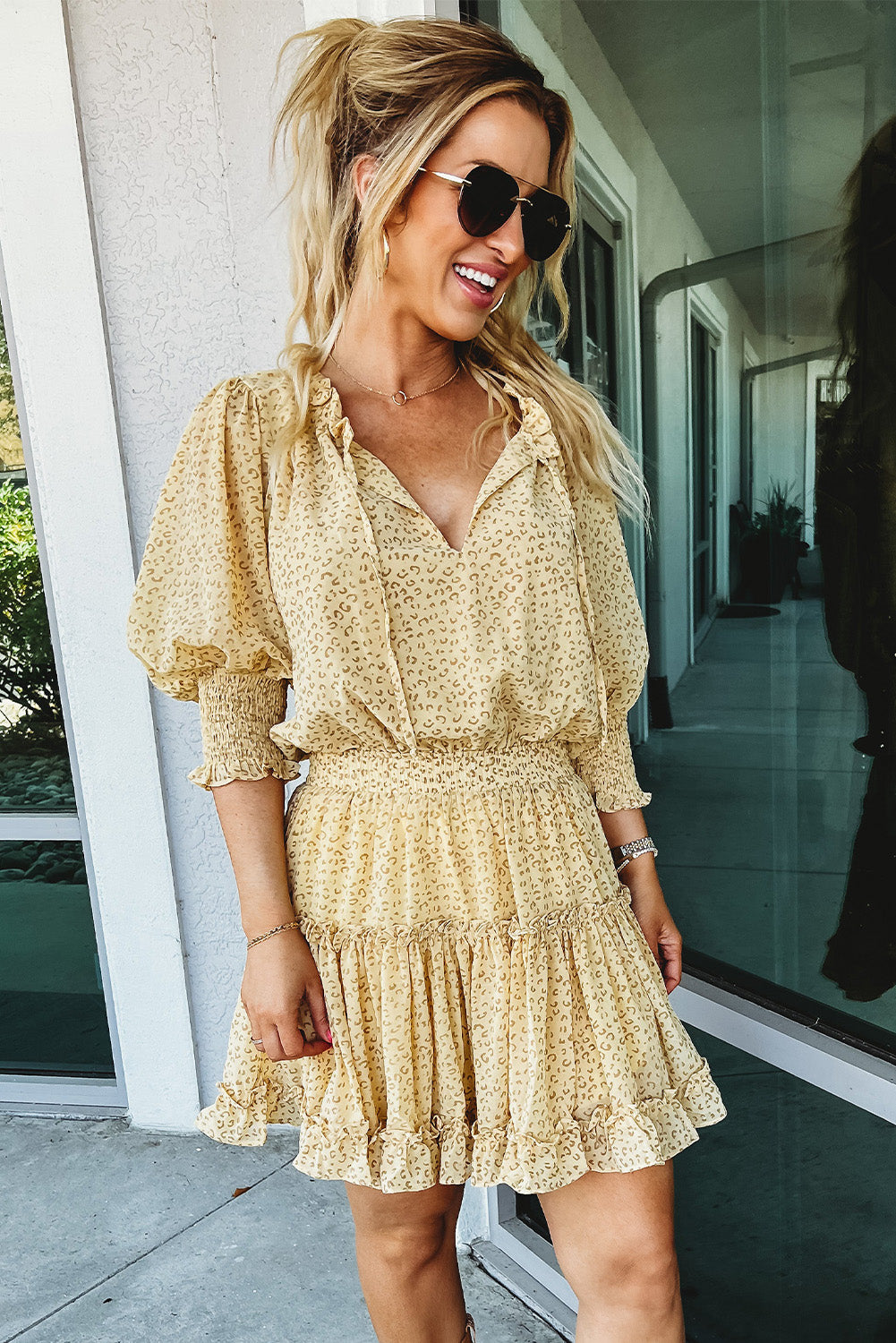 Leopard Shirred Puff Half Sleeve Ruffled Mini Dress