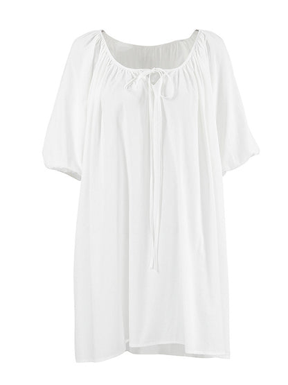 Loose Puff Sleeves Lace-Up Pleated See-Through Solid Color V-Neck Mini Dresses Sleep Dress