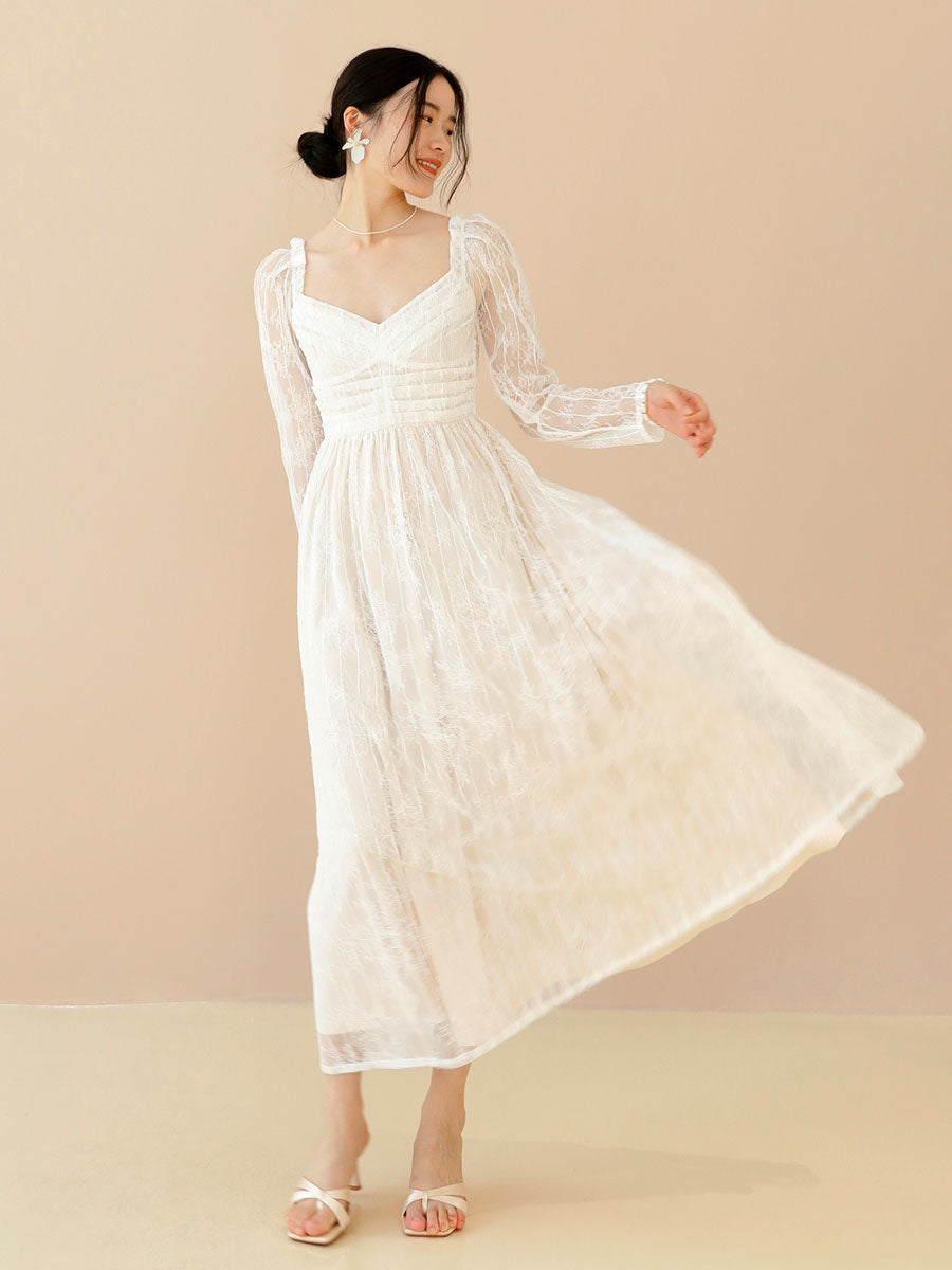 Lace Prom Dress Long Sleeves White Bridal Wedding Midi Dress