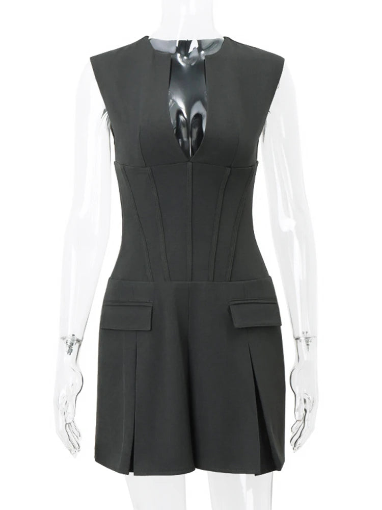 Tossy Patchwork Sleeveless V-Neck Mini Dress – Elegant Pocket Fashion Slim Vintage High Waist Dress for Summer Women