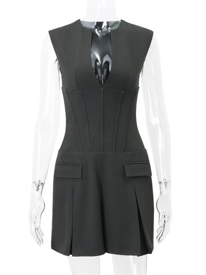 Tossy Patchwork Sleeveless V-Neck Mini Dress – Elegant Pocket Fashion Slim Vintage High Waist Dress for Summer Women
