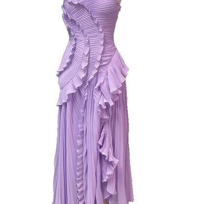Halter Neck Pleated Maxi Dress – High-Quality Purple Vacation Dress