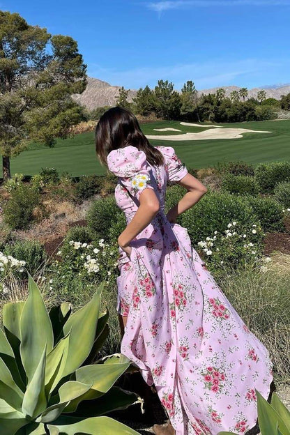 Floral Sweetheart Neck Puff Sleeve Midi Dress