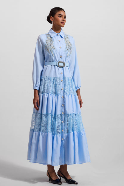 Solid Lace Embroidered Rhinestone Lantern Sleeve Midi Dress