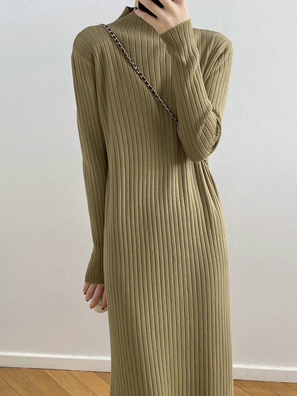 Long Sleeves Loose Fringed Solid Color Mock Neck Midi Dresses Sweater Dresses