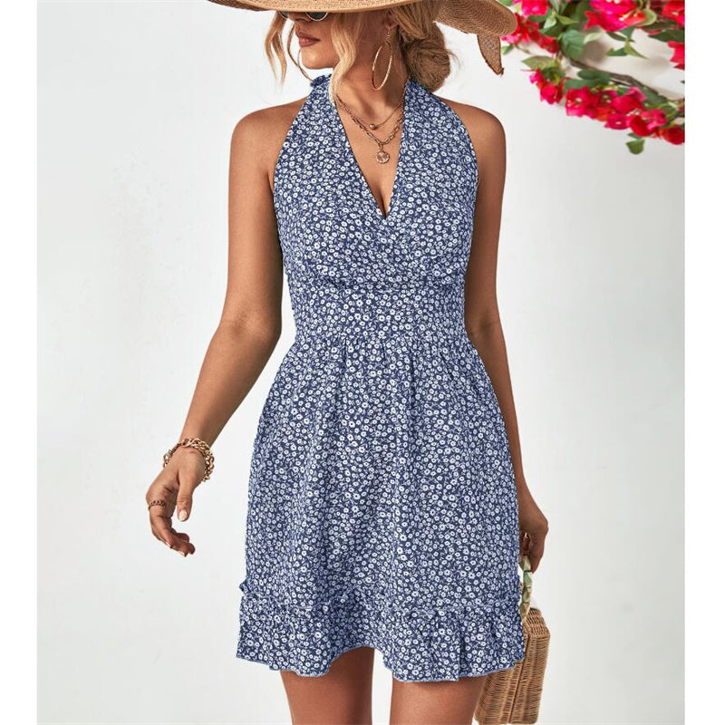 Stylish Halter Neck Open Back Ruffle Mini Dress