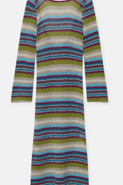Stripe Round Neck Sweater Midi Dress