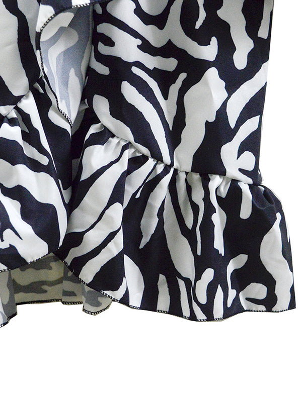 Flared Sleeves Loose Contrast Color Pleated Printed Split-Joint V-Neck Mini Dresses
