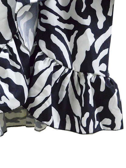 Flared Sleeves Loose Contrast Color Pleated Printed Split-Joint V-Neck Mini Dresses