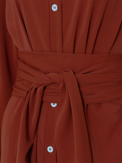 Turndown Collar Long Sleeves Midi Dress