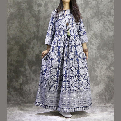 French prints linen cotton clothes For Women plus size Neckline blue Maxi Dress summer