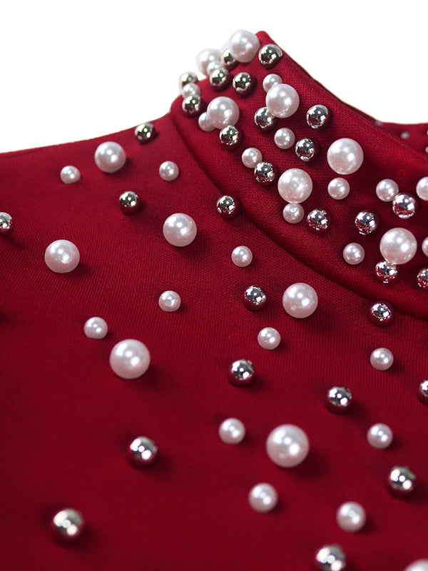Solid Color Tied Waist Beaded High-Waisted  Bodycon Midi Dresses