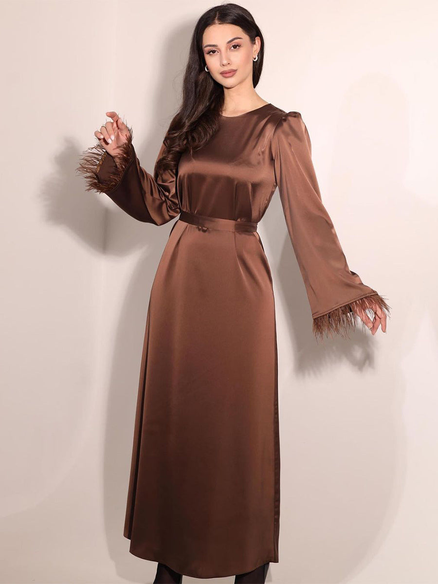 Satin Long Dress Feather Sleeves Belted Classic Party Maxi Dresses