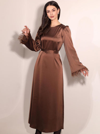 Satin Long Dress Feather Sleeves Belted Classic Party Maxi Dresses