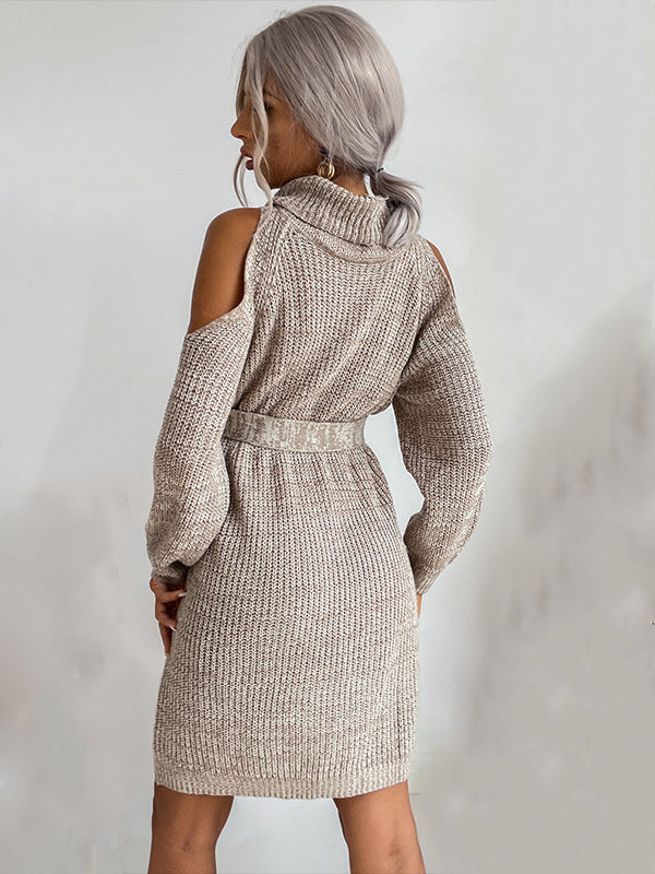 Knitted Dress For Women Beautiful Lace Up High Collar Long Sleeves Stretch Midi Dress