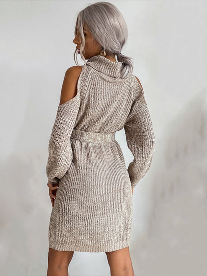 Knitted Dress For Women Beautiful Lace Up High Collar Long Sleeves Stretch Midi Dress