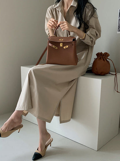 Casual 3 Colors Loose Split-Side Solid Color Midi Dress Shirt Dress