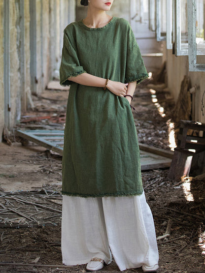 Half Sleeves High-low Fringed Solid Color Split-Joint Split-side Round-neck Midi Dresses