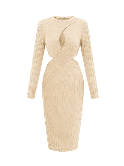 A-Line Long Sleeves Hollow Solid Color Split-Side Round-Neck Midi Dresses
