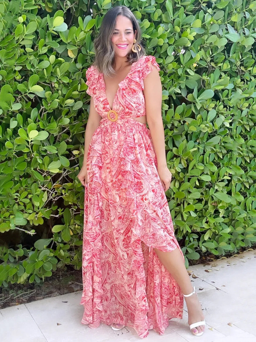 Floral Maxi Dresses Layered Ruffles V-Neck Sleeveless Backless Front Slit Sexy Summer Long Dresses