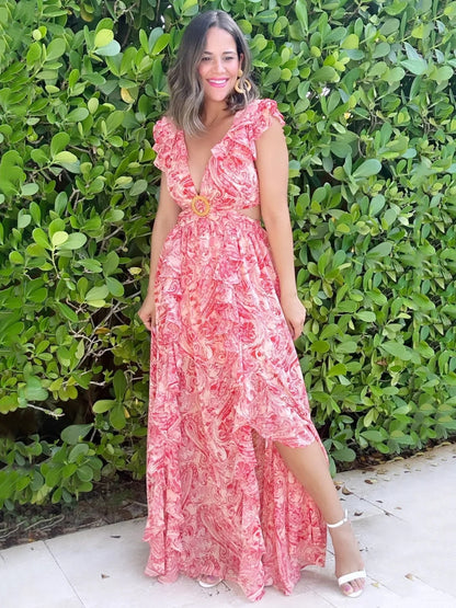 Floral Maxi Dresses Layered Ruffles V-Neck Sleeveless Backless Front Slit Sexy Summer Long Dresses