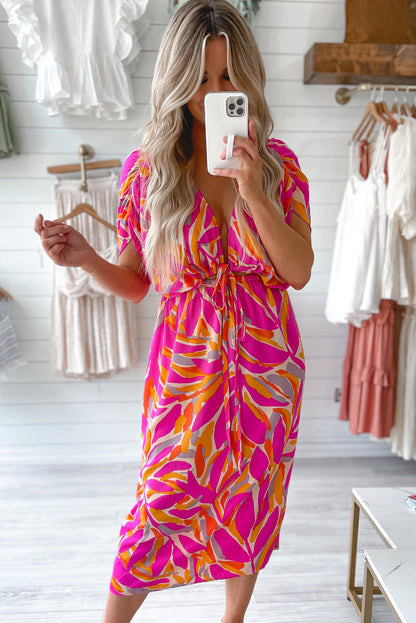 Rose Tropical Leafy Print Drawstring V Neck Midi Dress