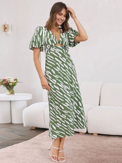 Print Midi Dress Printed Short Sleeves V-Neck Casual Cut Out Medium Summer Dresses