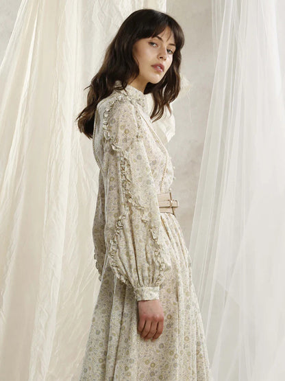 Floral Midi Dress Buttons Belted Lantern Sleeves Elegant Day Dresses