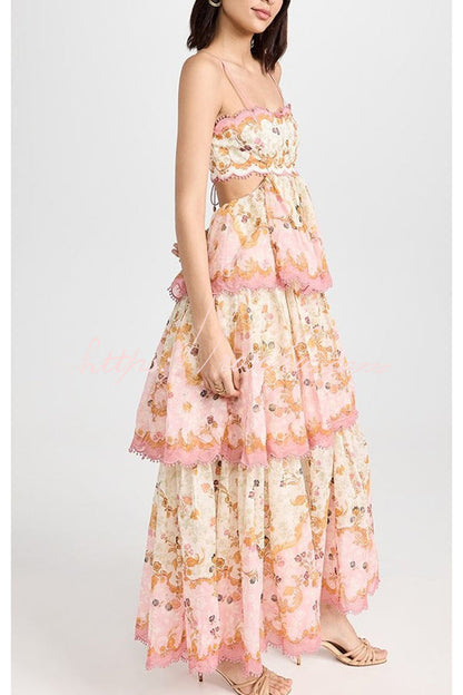 Charming Smile Floral Print Scalloped Lace-trim Back Tie-up Tiered Maxi Dress