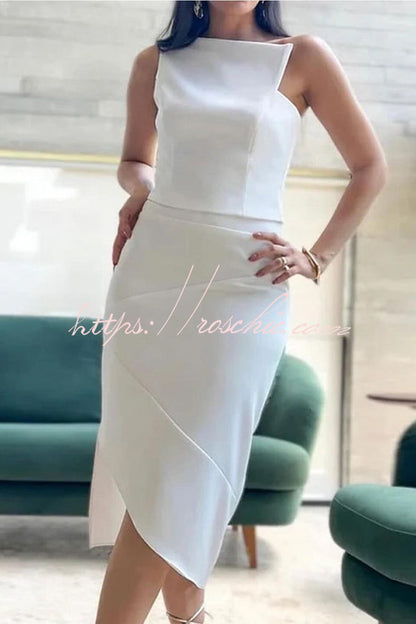 Solid Color Slim Fit One Shoulder Paneled Midi Dress