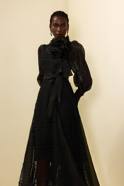 3D Flower Lace Puff Sleeve Midi Dress Black