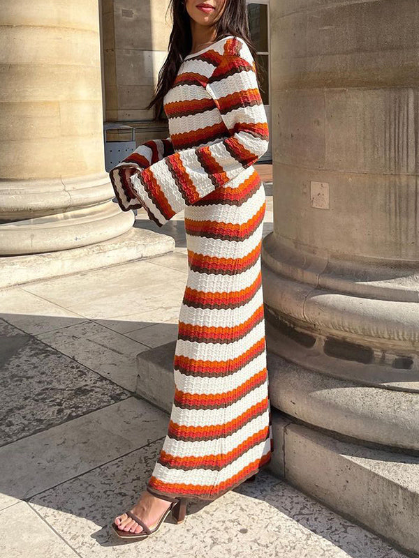 Long Sleeves Loose Backless Split-Joint Striped Round-Neck Maxi Dresses Sweater Dresses