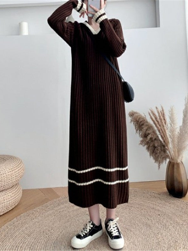 Urban Long Sleeves Loose Striped V-Neck Hooded Sweater Dresses
