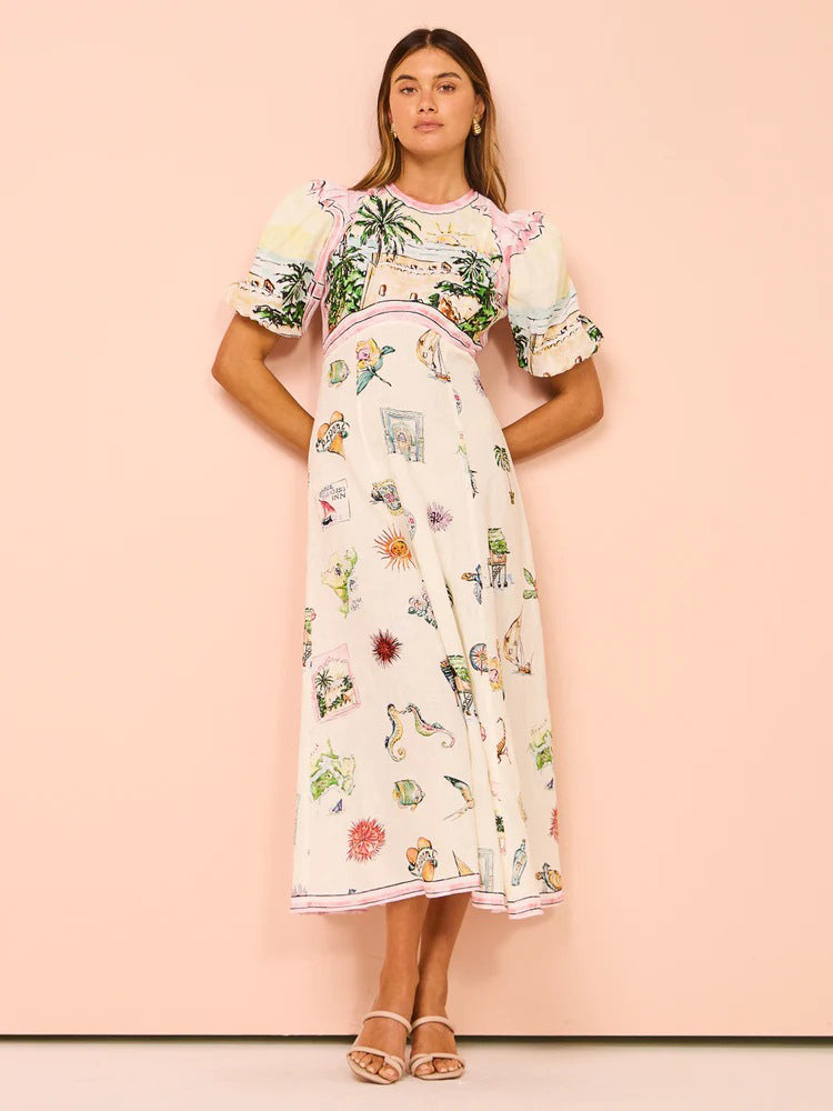 A-Line Dress Painting Puff Sleeves Round Neck Casual Summer Midi Dresses