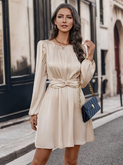 Flared Dress Round Neck Balloon Sleeves Belted Solid Color Mini Dresses